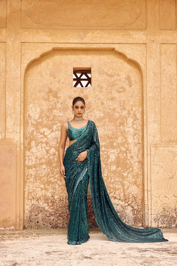 Georgette Teal Colour Sequence Saree For Women