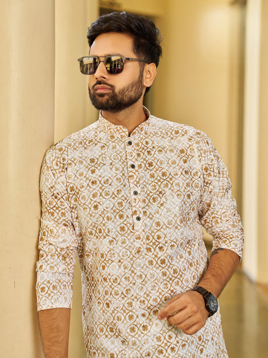 Men’s Multi-Color Rayon Kurta with Schiffli Chikan Embroidery & Print – Cotton Bottom Included