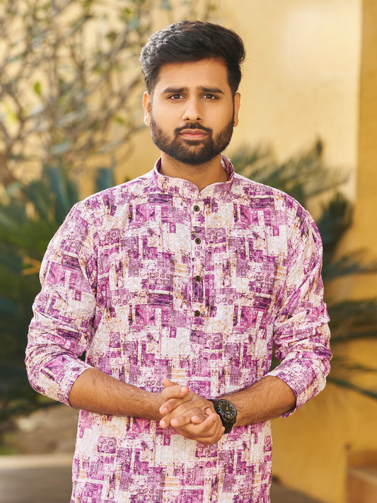 Men’s Multi-Color Rayon Kurta with Schiffli Chikan Embroidery & Print – Cotton Bottom Included