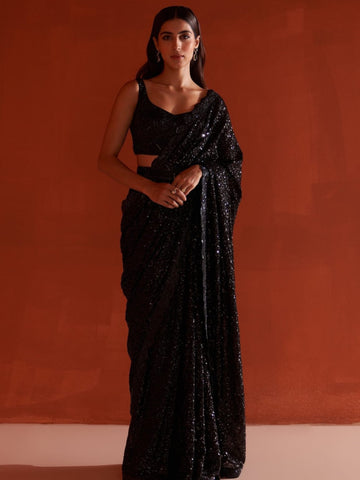 Elegant Fully Black Saree With Sequence Embroidery For Women's