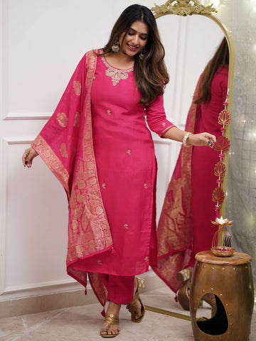 Rani Color Viscos Chanderi Embroidery Kurta Set For Women