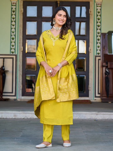 Florent Yellow Roman Silk Kurta Set For Women