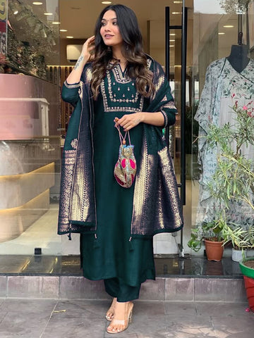 Elegant Bottle Green Color Heavy Roman Silk Kurta Set For Women