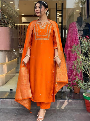 Elegant Orange Color Heavy Roman Silk Kurta Set For Women