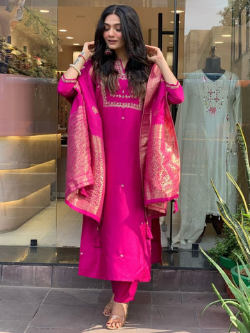 Elegant Rani Color Heavy Roman Silk Kurta Set For Women