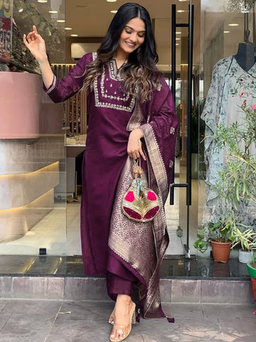 Elegant Wine Color Heavy Roman Silk Kurta Set For Women