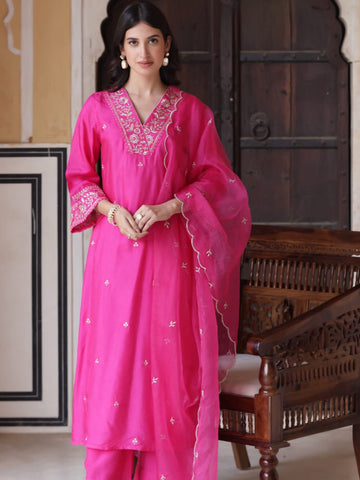New Arrival Rani Color Viscose Chanderi Kurta Set For Women