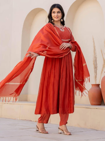 Radiance Orange Color Heavy Viscose Silk Embroidered Kurta Set For Women