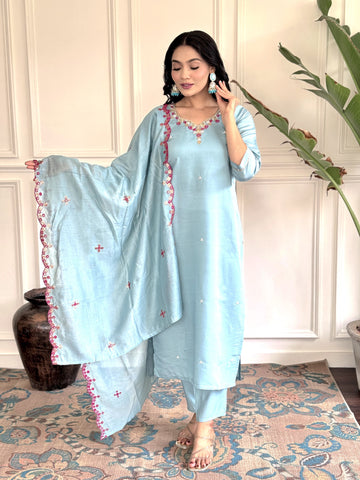 Women's Kurta Set – Sky Blue Viscose Chanderi with Dupatta
