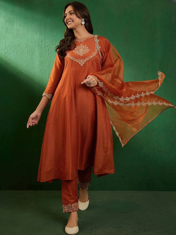 Embroidered Silk Kurta Set in Orange with Jacquard Dupatta