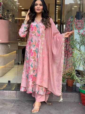 Pink Reyon Slub Printed & Embroidered Kurta Set with Chinnon Dupatta – Women's Ethnic Wear
