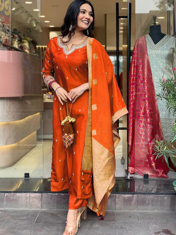 Orange Roman Silk Embroidered Kurta Set with Jacquard Dupatta – Women's Ethnic Wear