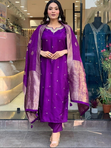 Purple Roman Silk Embroidered Kurta Set with Jacquard Dupatta – Women's Ethnic Wear