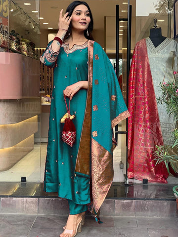 Teal Rama Roman Silk Embroidered Kurta Set with Jacquard Dupatta – Women's Ethnic Wear