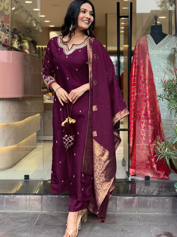 Wine Roman Silk Embroidered Kurta Set with Jacquard Dupatta – Women's Ethnic Wear