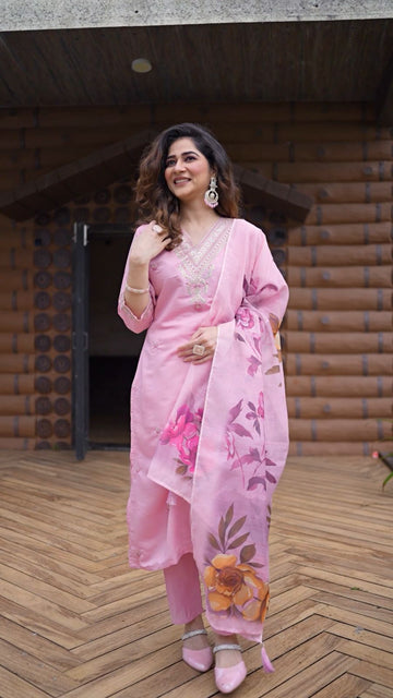 Pink Chanderi Silk Kurta Set For Women