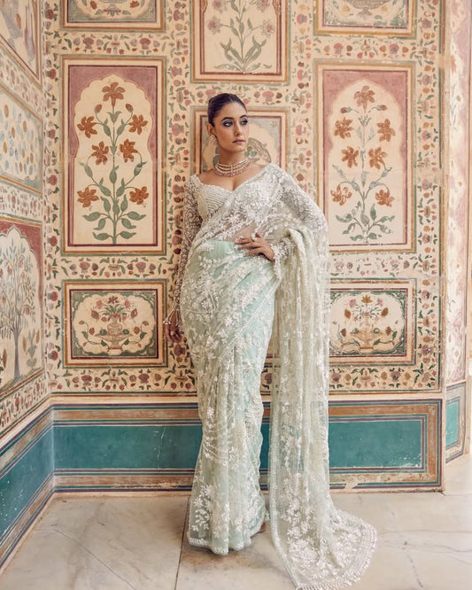 Green Color Net Saree Look For Reception Party