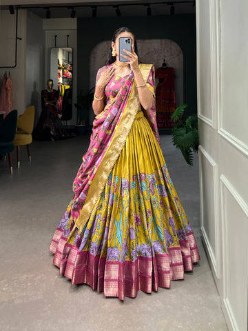 Yellow Printed Half Saree For Women