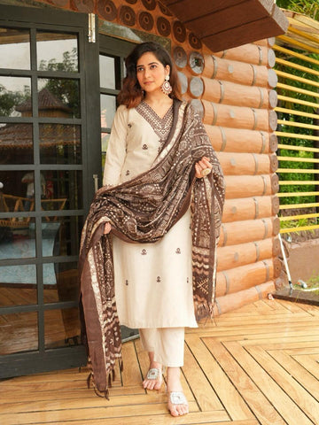 Khadi Cotton With Beautiful Embroidery Kurta Set For Women