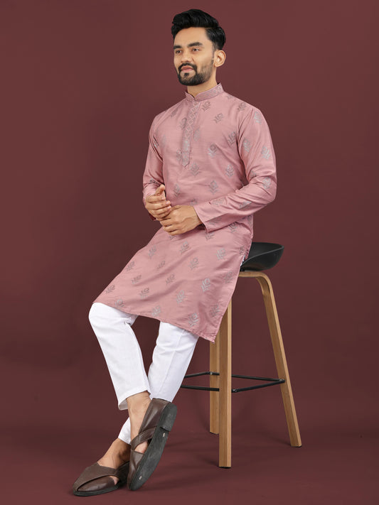 Men's Heavy Viscose Silk Embroidered Sequence Kurta with Cotton Pajama