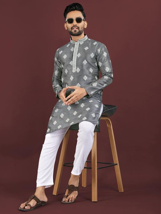 Men's Heavy Mono Silk Embroidered Kurta Set with Cotton Pajama - Festive & Party Wear