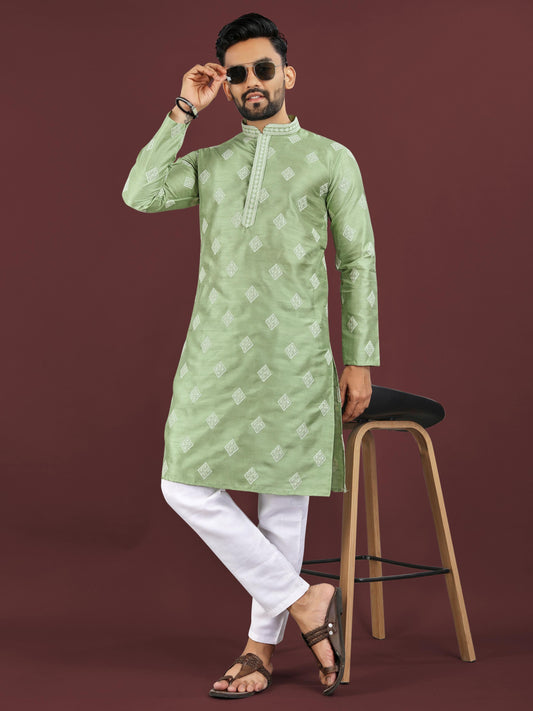 Festive Party Wear Men's Kurta Set - Heavy Mono Silk Embroidery Kurta & Cotton Pajama