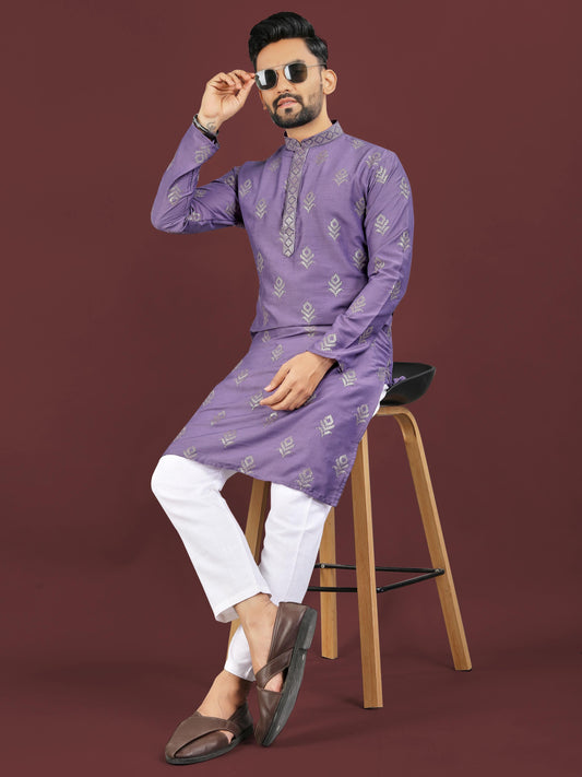 Men's Heavy Viscose Silk Embroidered Sequence Kurta with Cotton Pajama