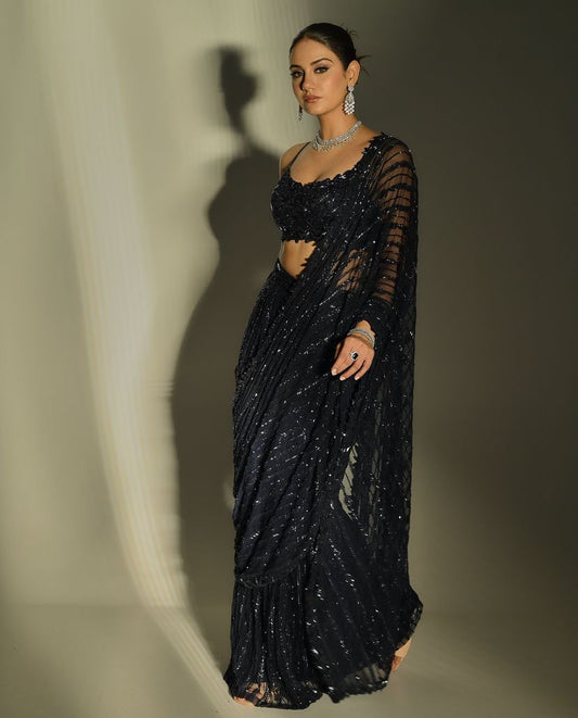 Elegant Fully Black Saree with Sequence Embroidery Work