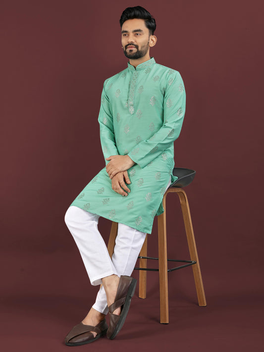 Men's Heavy Viscose Silk Embroidered Sequence Kurta with Cotton Pajama