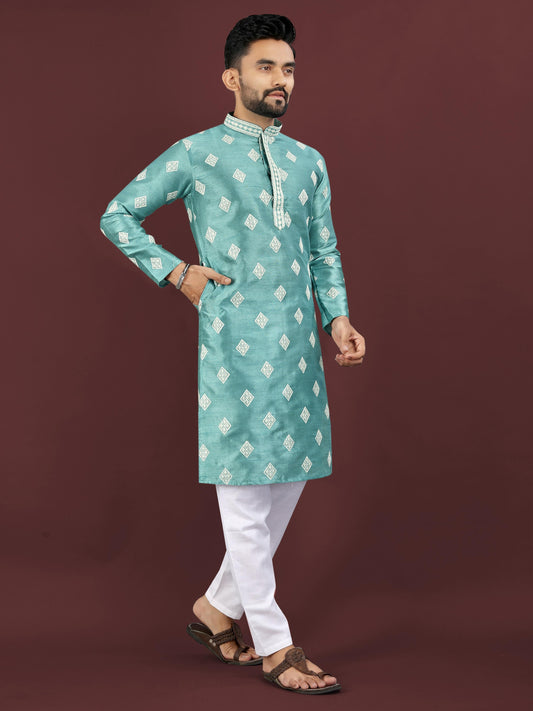 Men's Heavy Mono Silk Embroidered Kurta Set with Cotton Pajama - Festive & Party Wear