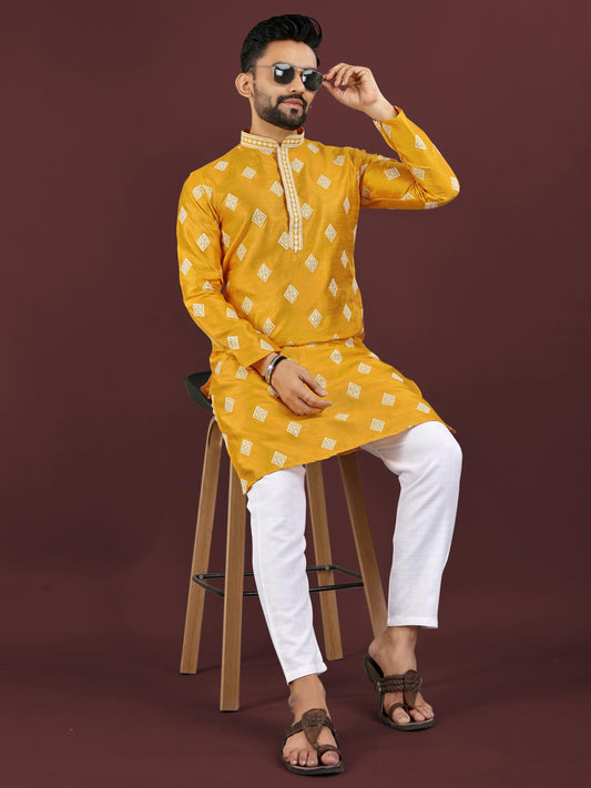 Festive Party Wear Men's Kurta Set - Heavy Mono Silk Embroidery Kurta & Cotton Pajama