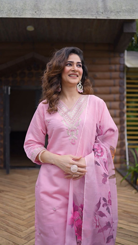 Pink Chanderi Silk Kurta Set For Women