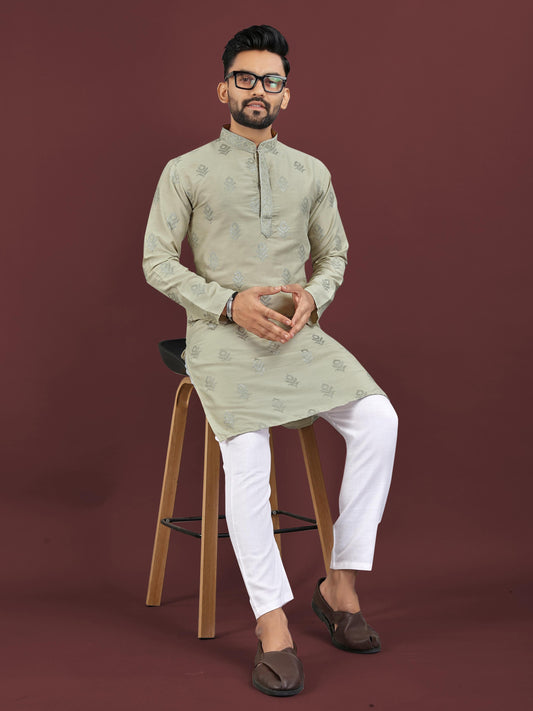Men's Heavy Viscose Silk Embroidered Sequence Kurta with Cotton Pajama