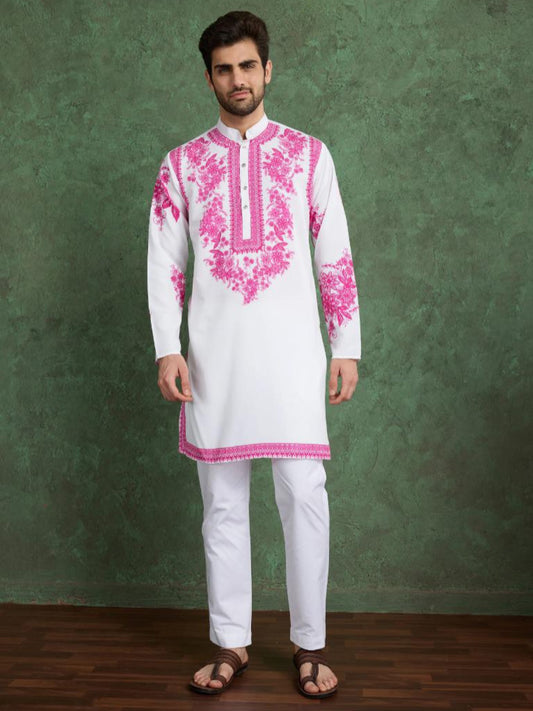 White Pink Designer Viscose Kurta Set for Men – Digital Print Work with Pajama