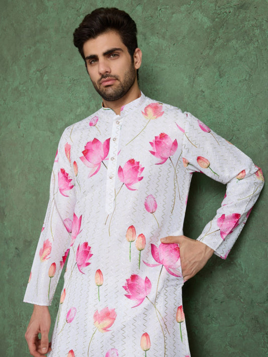 White Pink Printed & Embroidered Men’s Kurta Set – Heavy Rayon