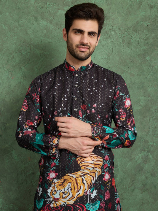Men’s Black Kurta Set in Heavy Rayon with Print & Embroidery Detail