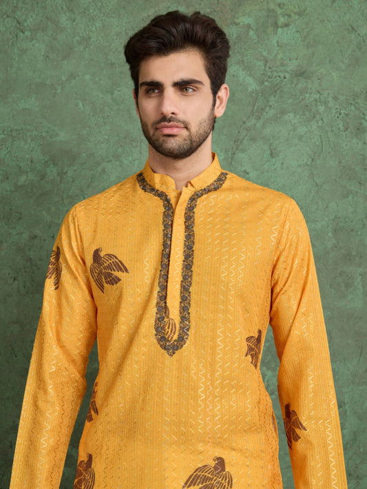 Printed & Embroidered Men’s Kurta Set – Heavy Rayon – Mustard Yellow