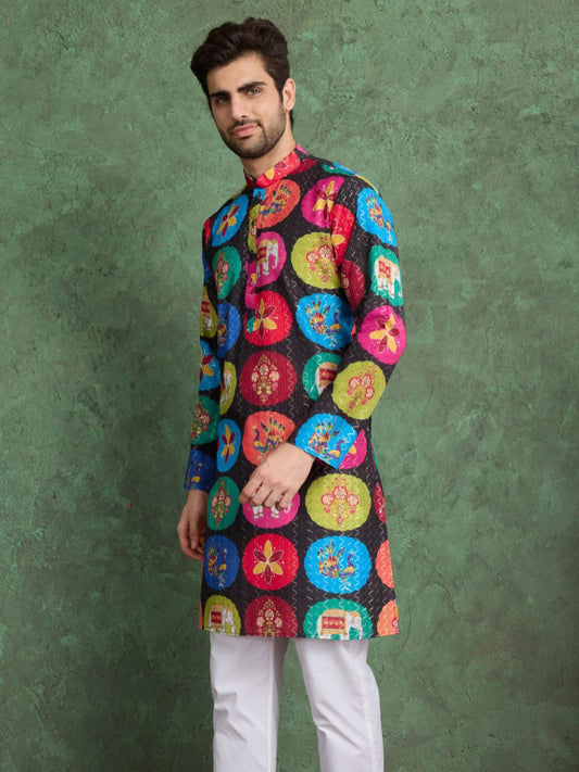 Men’s Multicolour Kurta Set in Heavy Rayon with Print & Embroidery Work