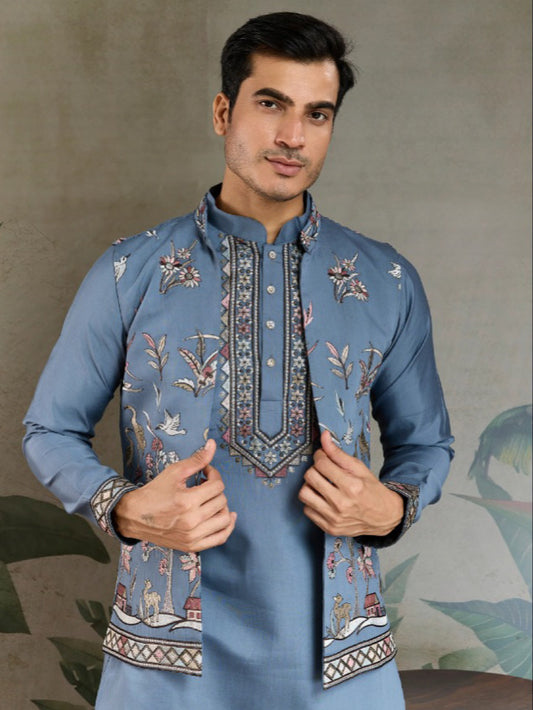 Blue Royale Thread Embroidered Kurta Set with Jacket – Luxe Viscose Silk Style For Men's