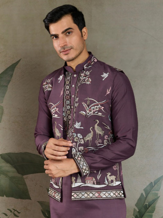 Plum Royale Thread Embroidered Kurta Set with Jacket – Luxe Viscose Silk Style For Men's
