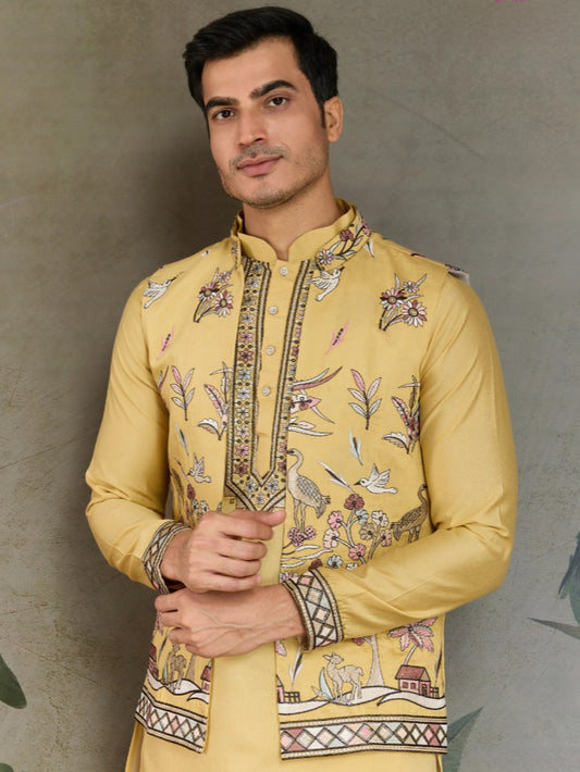 Pale Gold Royale Thread Embroidered Kurta Set with Jacket – Luxe Viscose Silk Style For Men's