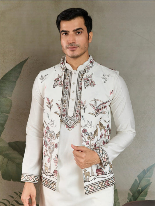 Off-White Royale Thread Embroidered Kurta Set with Jacket – Luxe Viscose Silk Style For Men's