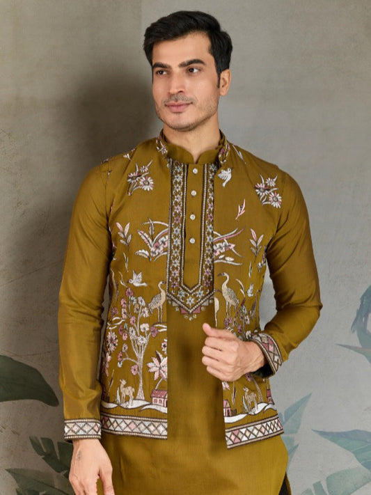 Mustard Yellow Royale Thread Embroidered Kurta Set with Jacket – Luxe Viscose Silk Style For Men's