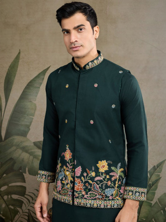 Men’s Koti Style Cotton Kurta Set with Thread & Sequin Work