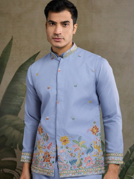 Men’s Koti Style Cotton Kurta Set with Thread & Sequin Work