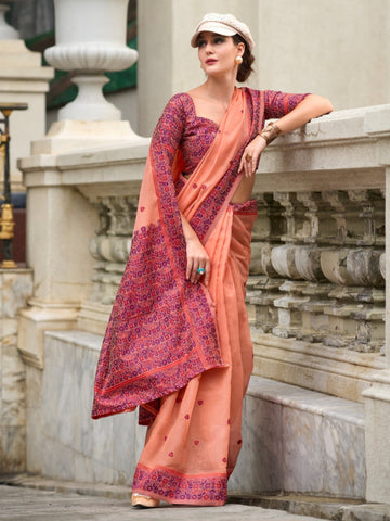 Festive Occasion Elegant Soft Linen Cotton Saree with Intricate Minakari Weaving Work