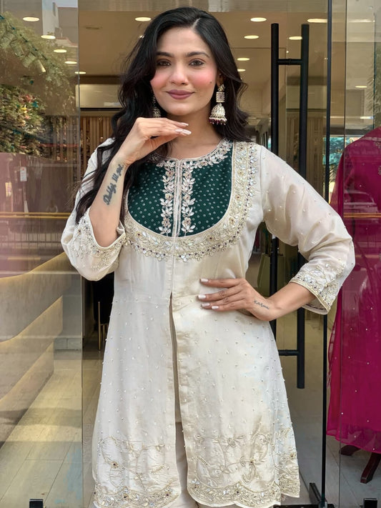 Elegant Cream Palazzo Set with Green Embroidered Women's Kurti – Festive Wear
