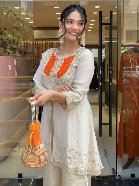 Cream Palazzo with Orange Kurtaset Embroidered for Women's