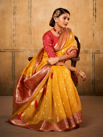 Elegant Petals Banarasi Tissue Saree with Rich Contrast Border For Women's