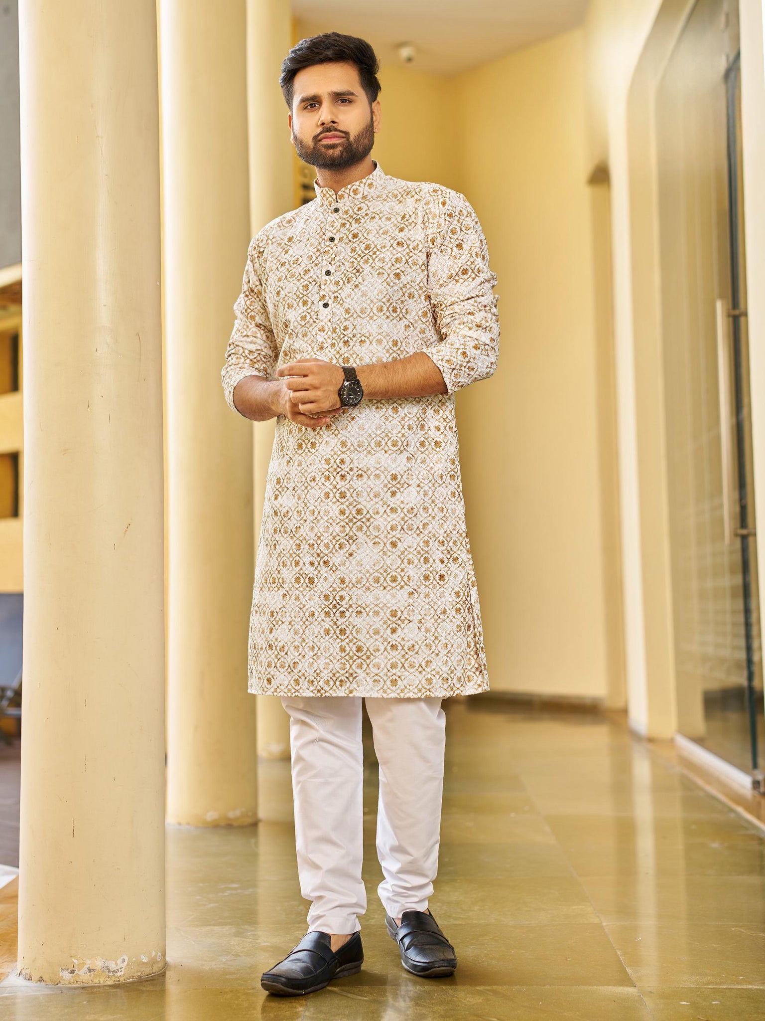 Men’s Multi-Color Rayon Kurta with Schiffli Chikan Embroidery & Print – Cotton Bottom Included